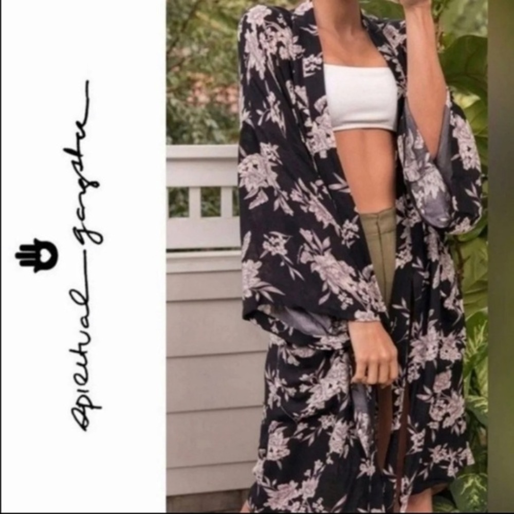 Spiritual Gangster Maya Kimono Black Floral | One Size | Robe / Swim Cover Up